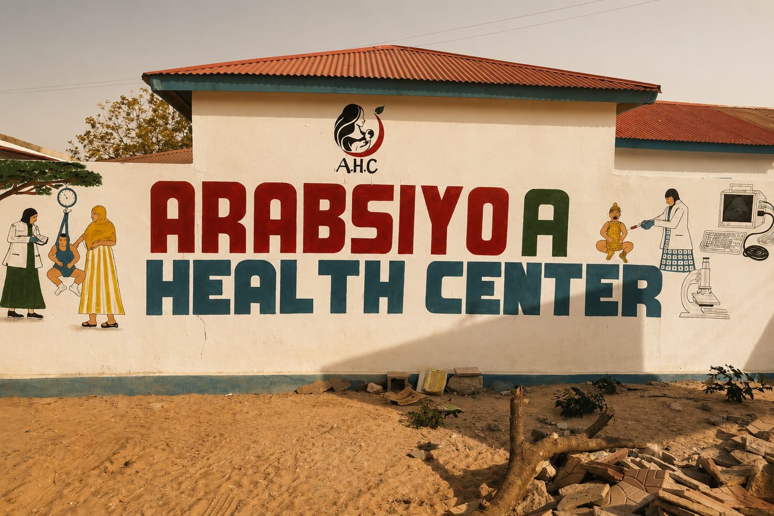 A health centre with hand-painted signage and illustrations across its exterior wall