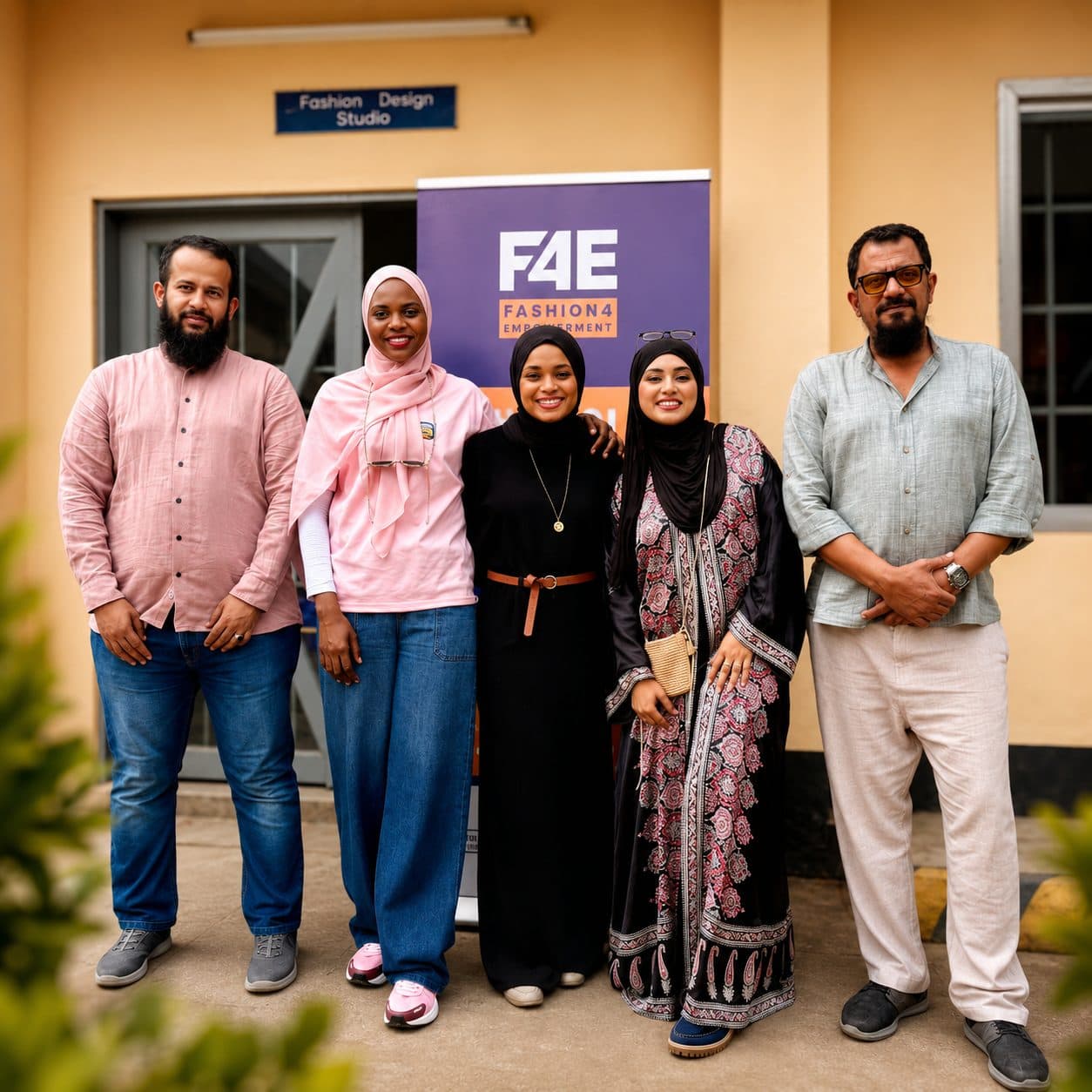 A group of colleagues standing together outside a training and design studio