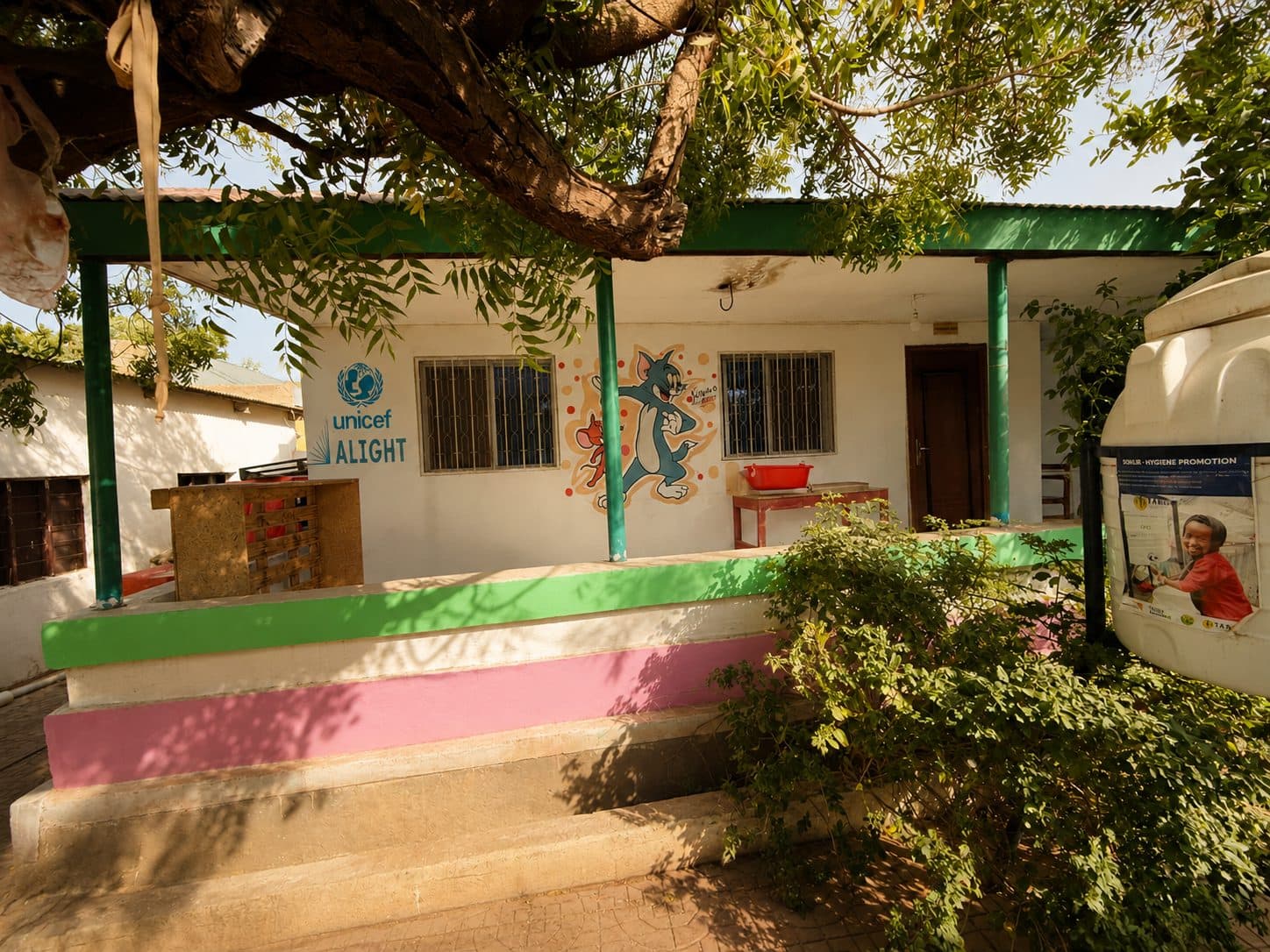 A painted school building shaded by a large tree